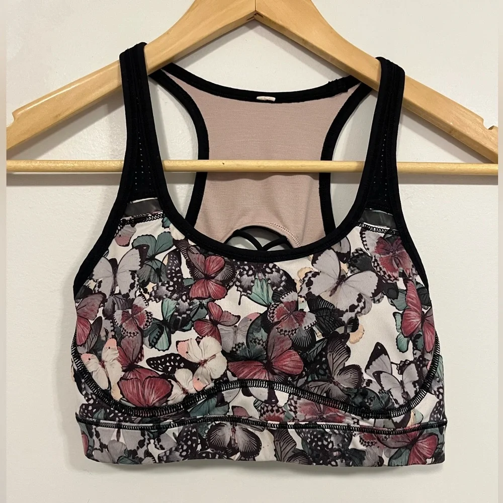 Lululemon Sweaty Or Not Bra II So Fly Butterfly Angel Wing Multi/Black 6